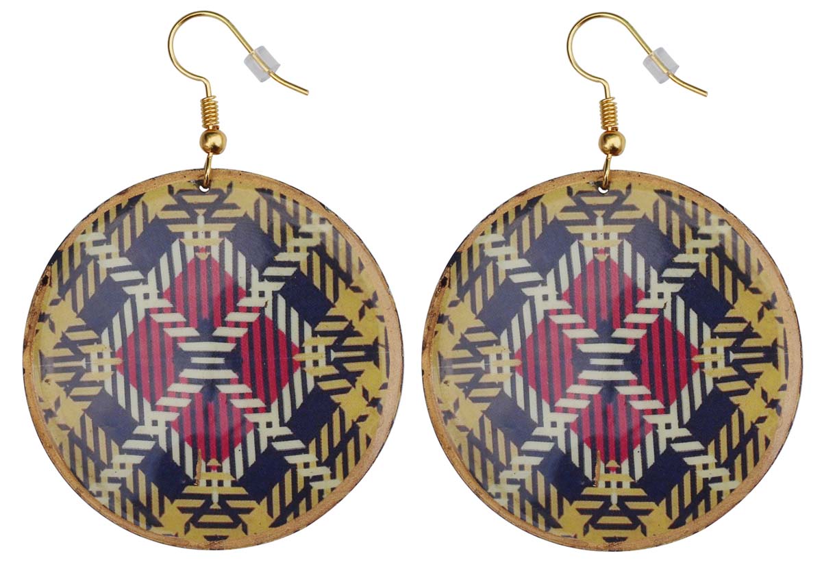 2.5” Pair of Round Hook Earrings in Brass - Red Yellow Chequered Pattern - Drop Earrings / Women Fashion Jewelry - Buy in Bulk Wholesale